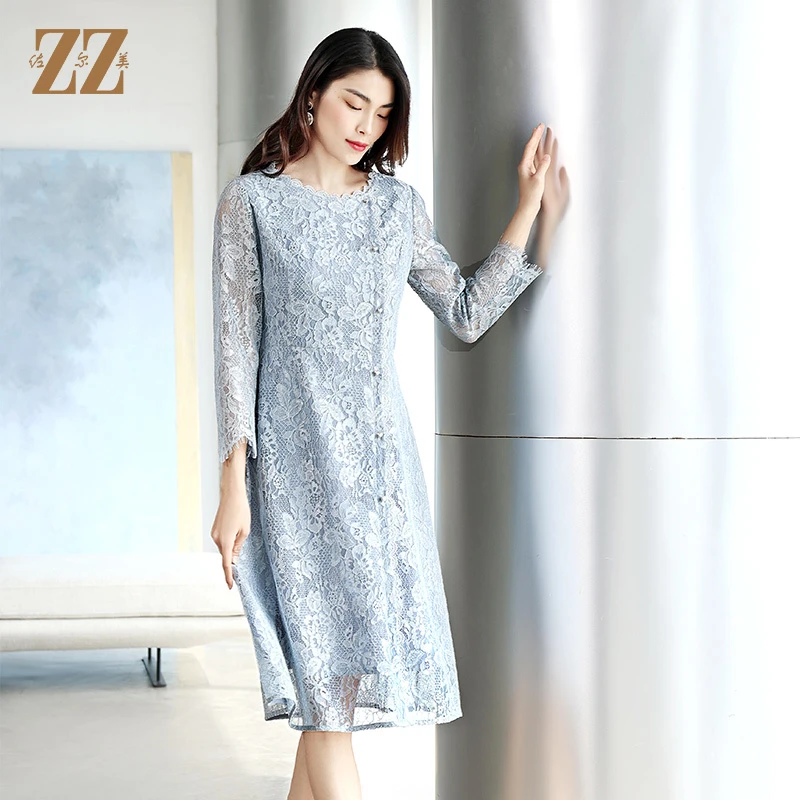 佐尔美春秋中长款气质圆领镂空蕾丝连衣裙修身显瘦E11LL25