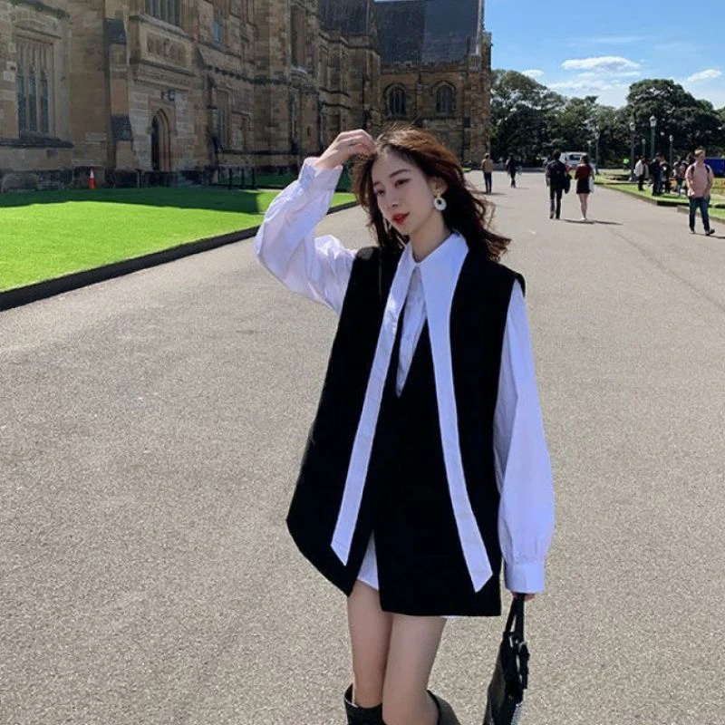 【两件套】设计感小众长袖衬衫+时髦外搭西装马甲法式气质套装女