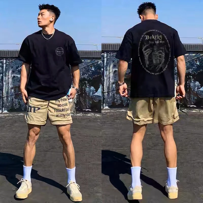 美式重磅纯棉t恤短袖男夏新款圆领宽松潮牌小众设计感五分袖体恤