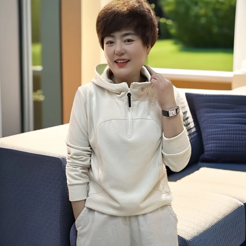 【己开价】新款高弹双面德绒休闲保暖显瘦百搭半拉链套头连帽卫衣