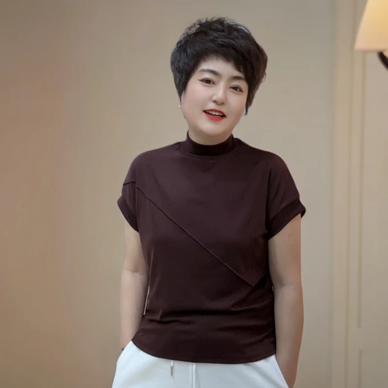 【己开价】文姐精选秋季新款半高领时尚百搭气质修身短袖T恤5160
