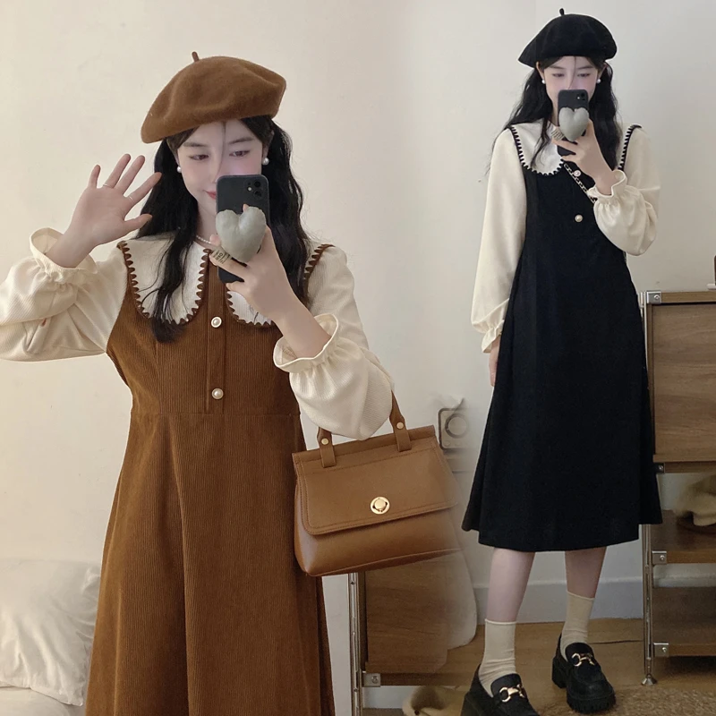 温柔风法式灯芯绒长袖连衣裙女秋冬新款海军领高级感别致微胖长裙