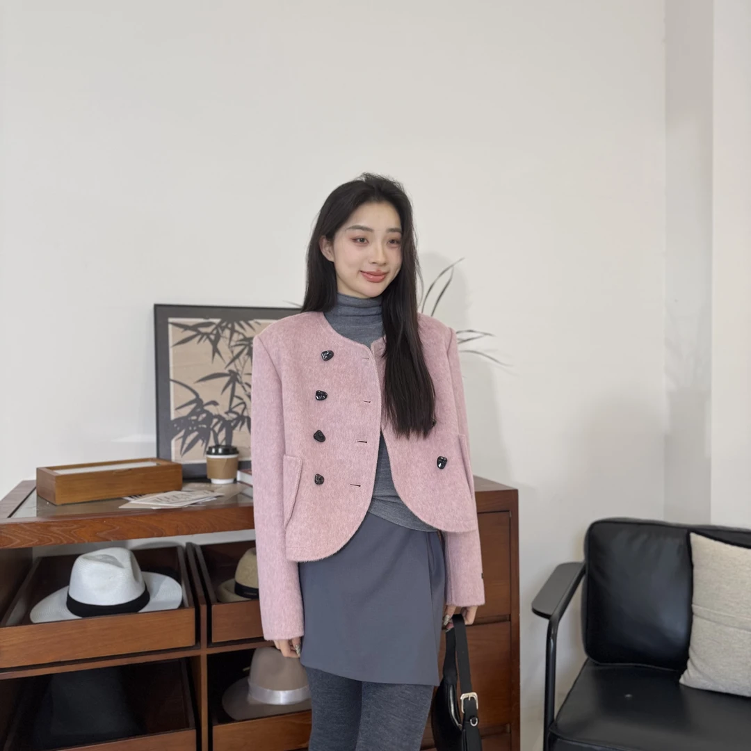 euri【绵羊毛桑蚕丝兔毛】气质百搭圆领双排扣小香风外套-MY5328