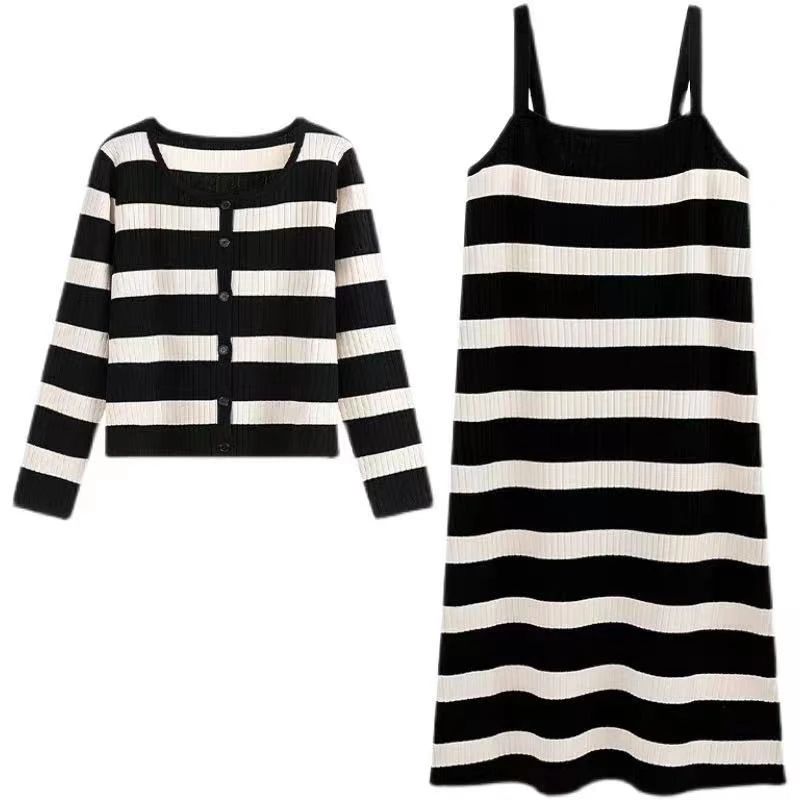 【春日风华】春秋款时尚条纹孕妇套装宽松针织孕妇吊带裙+百搭开衫