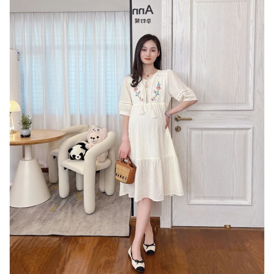 【缤纷盛夏】夏季手工刺绣镂空拼接立体点缀宽松版气质孕妇连衣裙