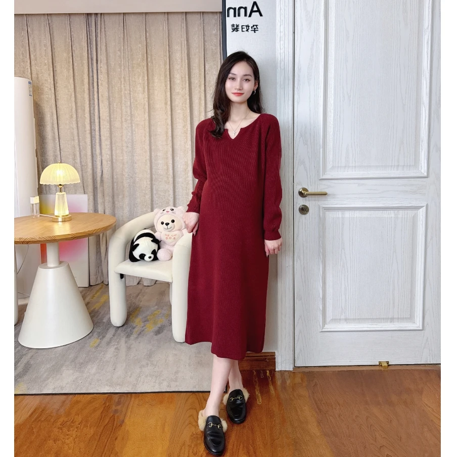 Ann&tens【安哥拉红】2024秋冬加厚针织孕妇裙小V领安哥拉红大码裙