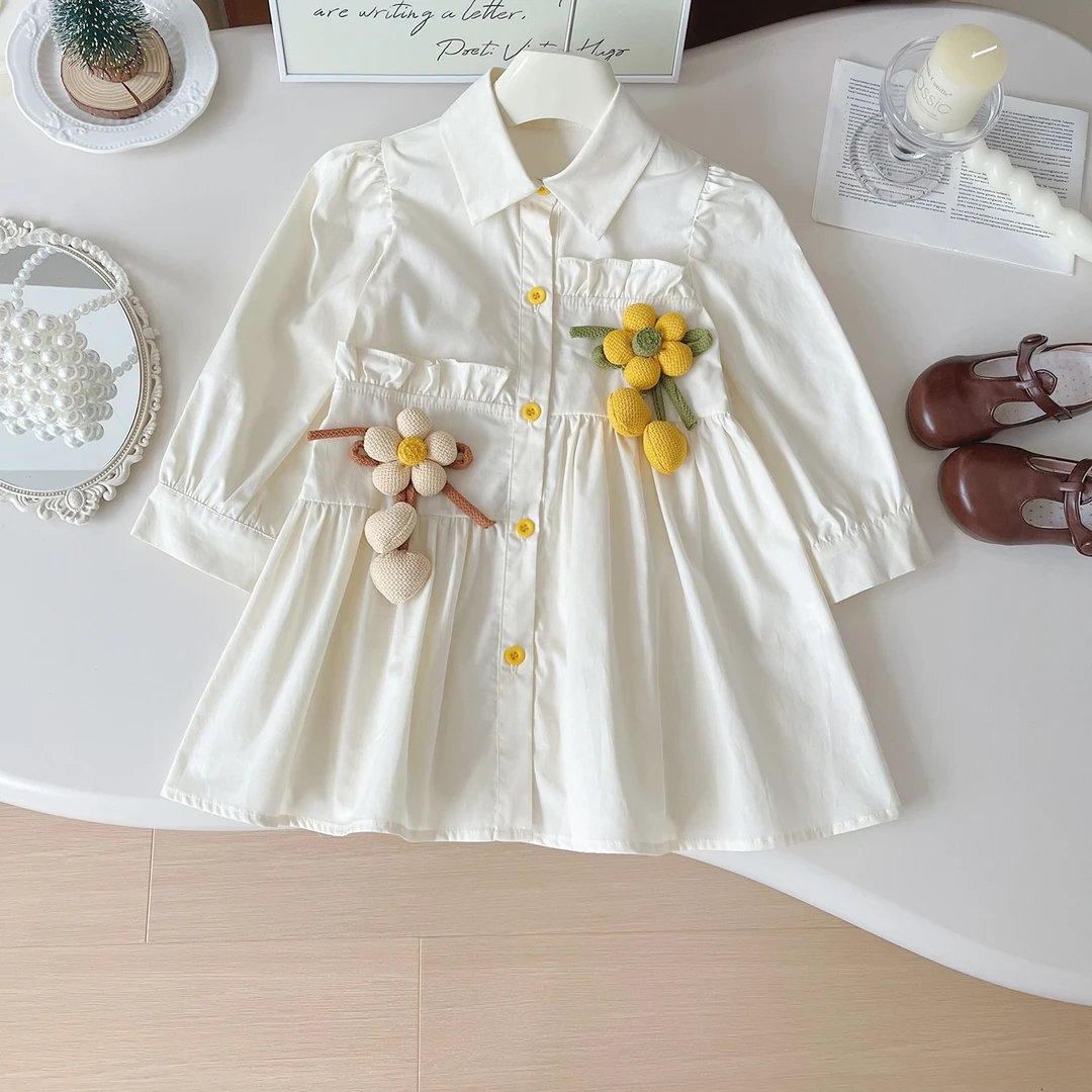 2025春季新款儿童韩版洋气时尚网红炫彩黄花朵长袖衬衫裙Q67320