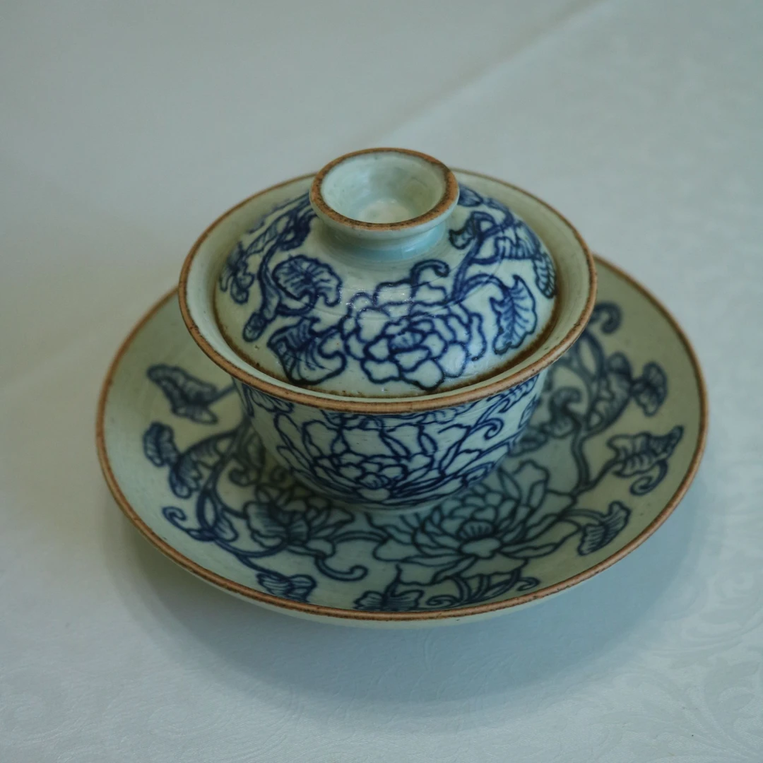 景德镇高温青花盖碗鱼藻纹