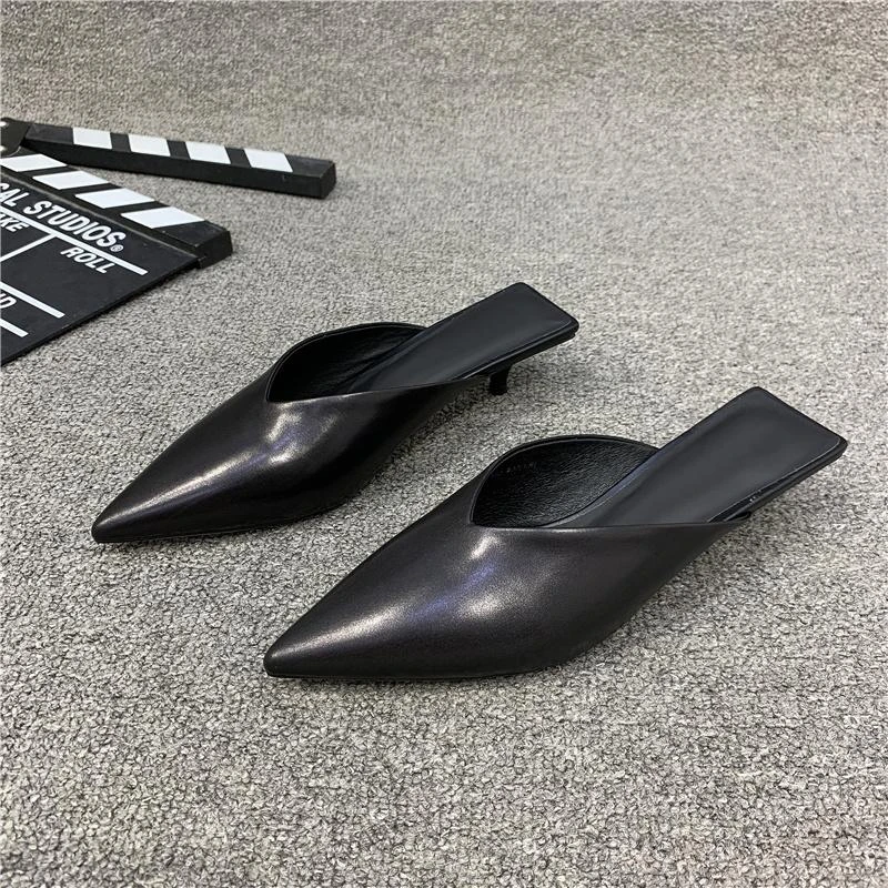 新款一脚蹬尖头拖鞋4cm细跟低跟半拖外穿夏季时尚百搭网红凉鞋