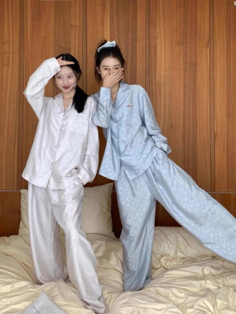 韩系时尚休闲条纹情侣睡衣女春秋2024新款显瘦长袖长裤大码家居