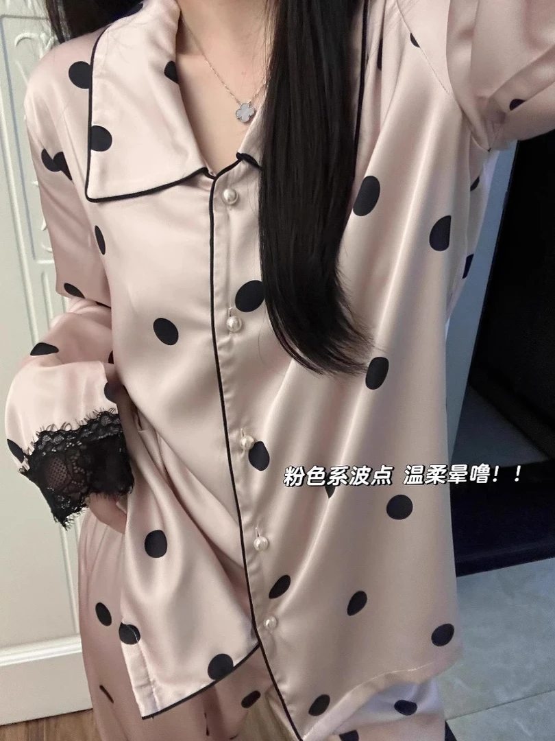 韩版波点冰丝睡衣女秋款大码2024新款拼接蕾丝花边家居套装外穿