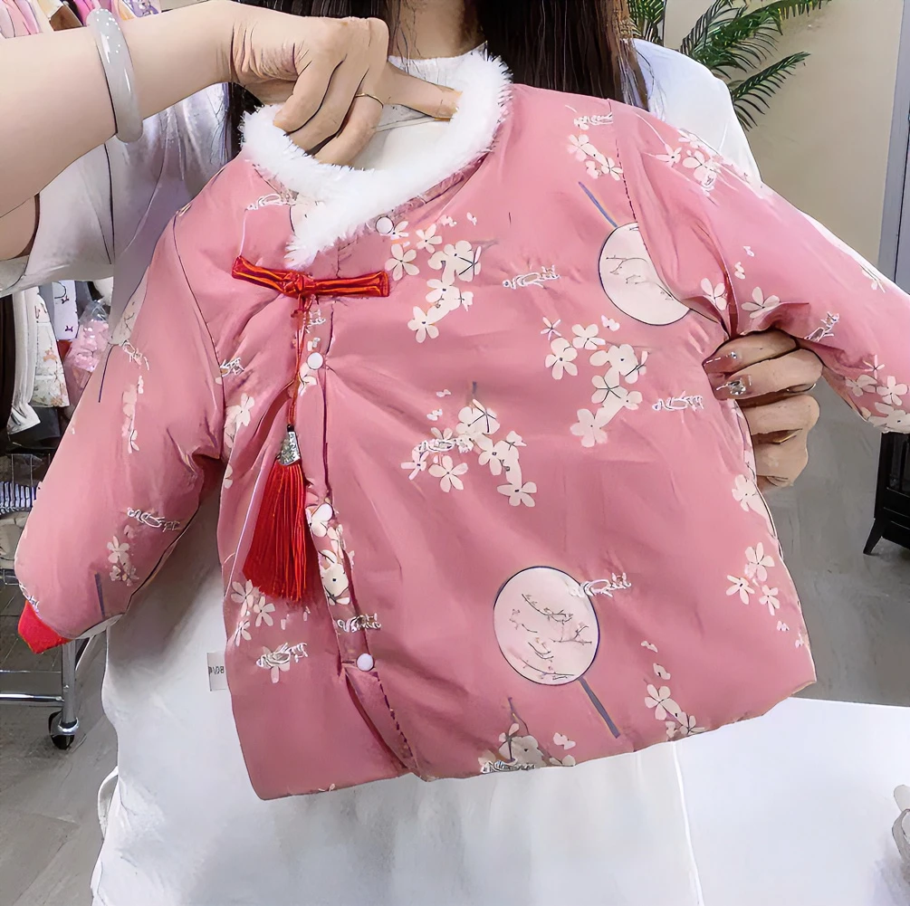 SX女童冬款国风盘扣偏襟扇子风外套朦胧美梅花外套棉服W-B-D56
