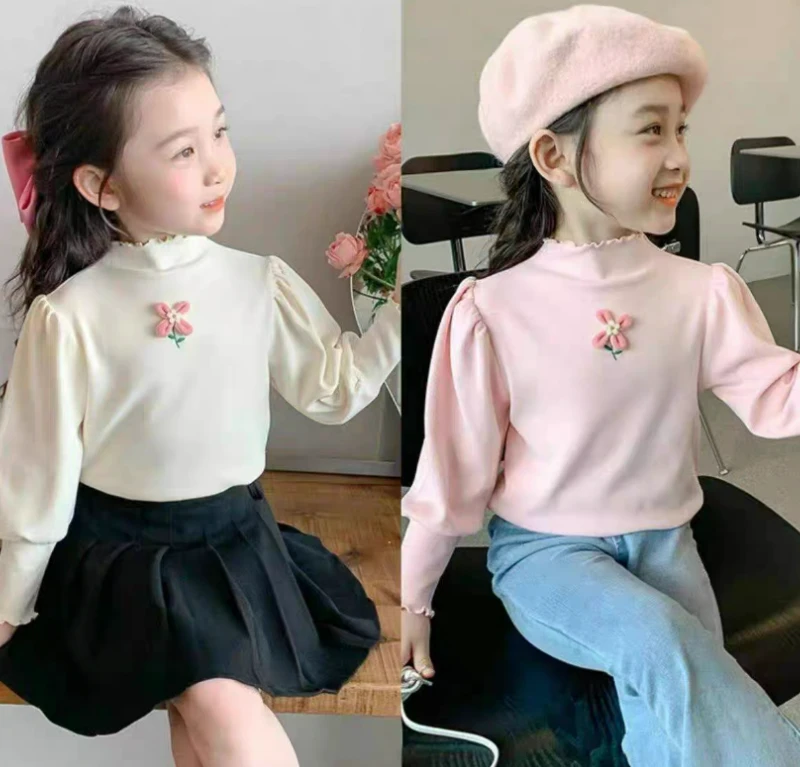 女宝2023新款秋冬款无骨长袖立体花朵加绒加厚半高领打底N-W-D43