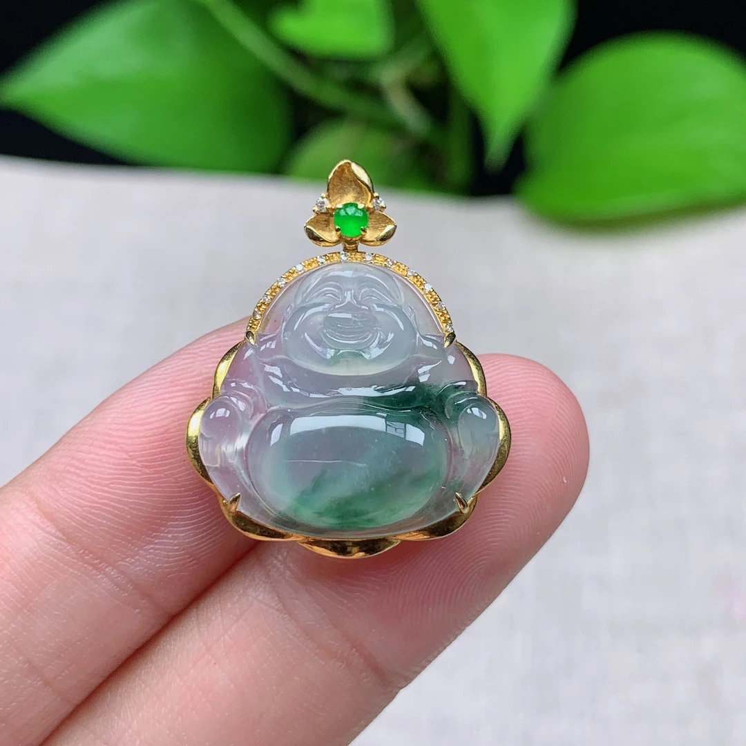 缅甸天然翡翠A货21.4-22.8-7.4玉石冰种飘花佛公吊坠礼物冰透镶嵌