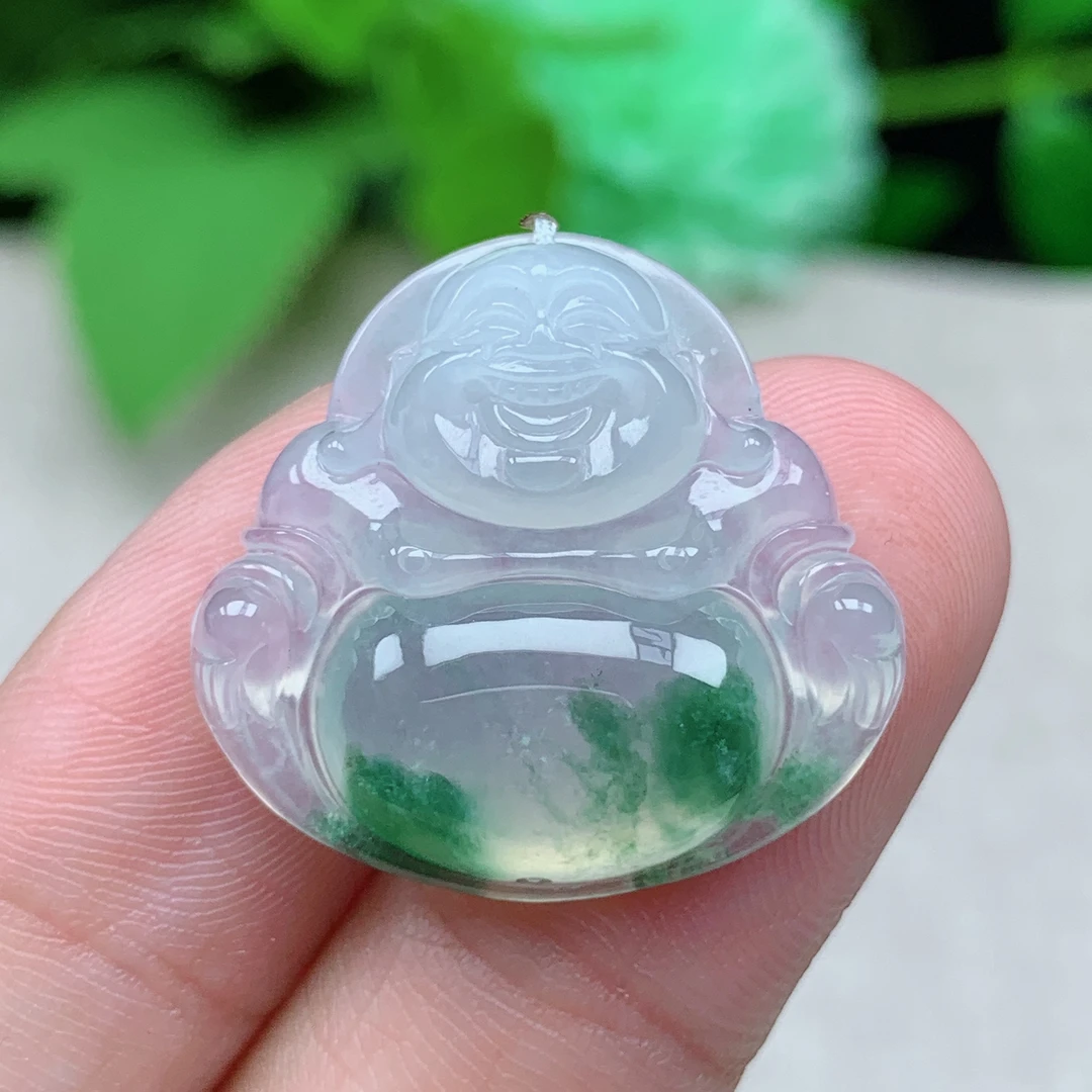 缅甸天然翡翠a货玉石冰种飘花佛公吊坠礼物冰透女士