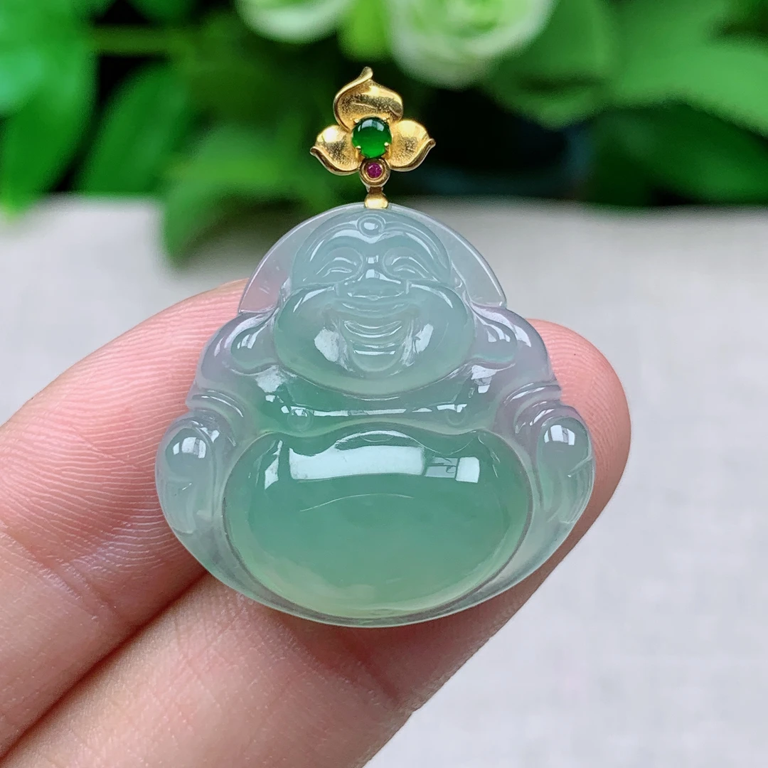 缅甸天然翡翠a货玉石一刀冰种晴水佛公吊坠轻奢