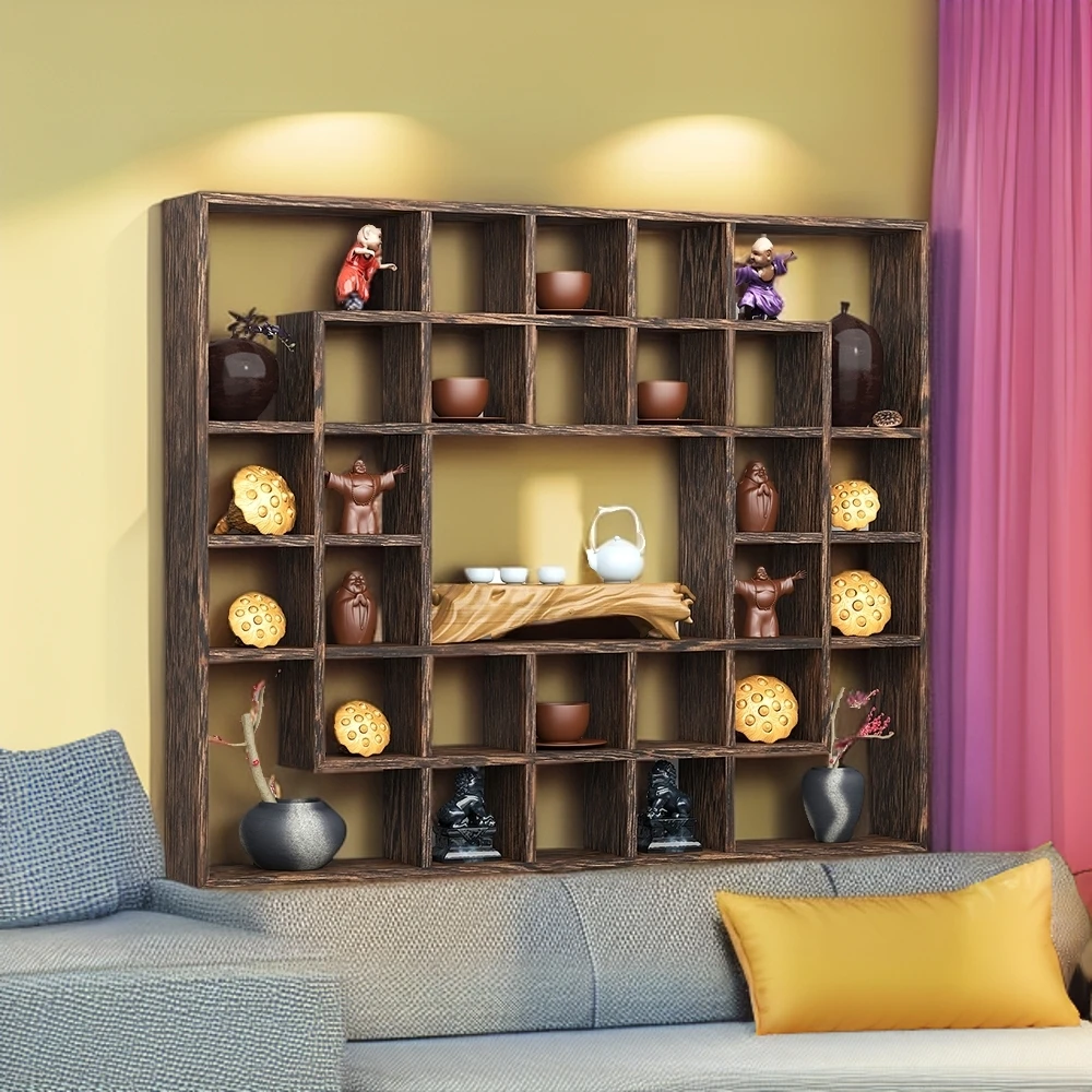 博古架摆件多宝阁收纳架实木中式壁挂式展示架置物架挂墙简约现代