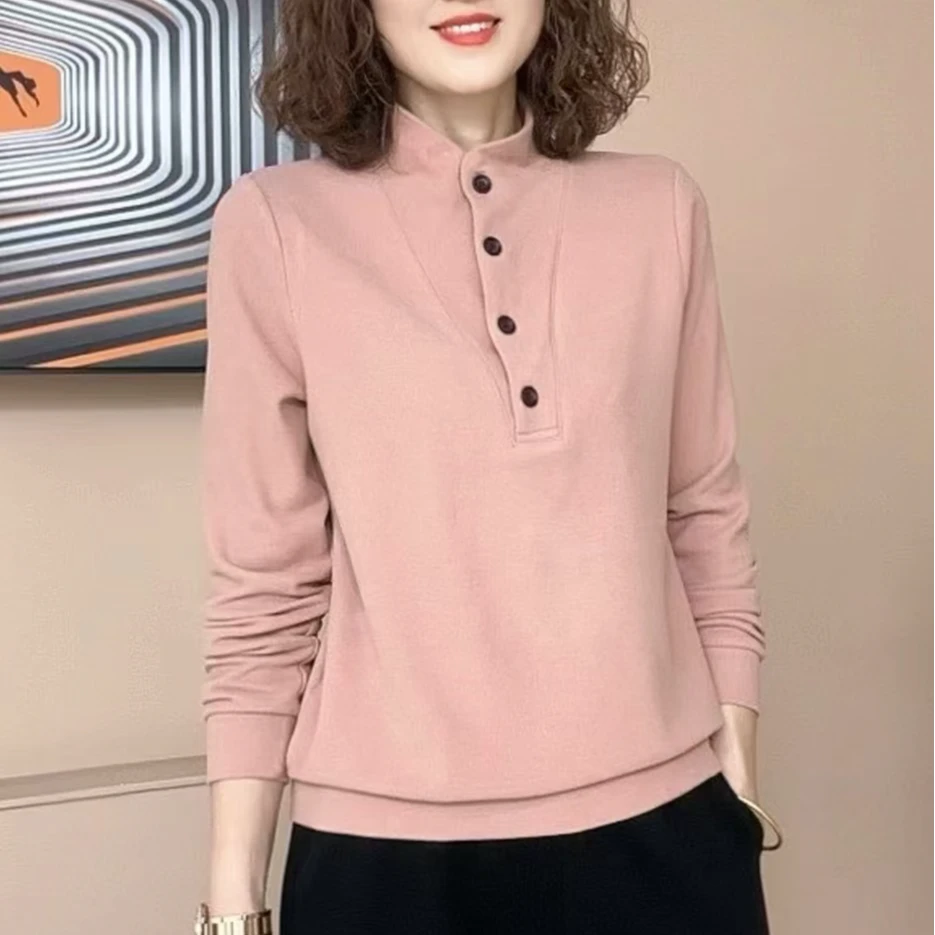 2024秋冬新款女士打底衫双面德绒保暖显瘦半高领扣子上衣512-04