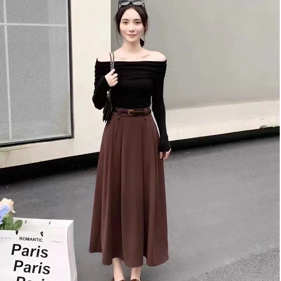 5032  2024秋冬西装半身裙中长款压褶大摆伞裙过膝及脚踝长裙上班