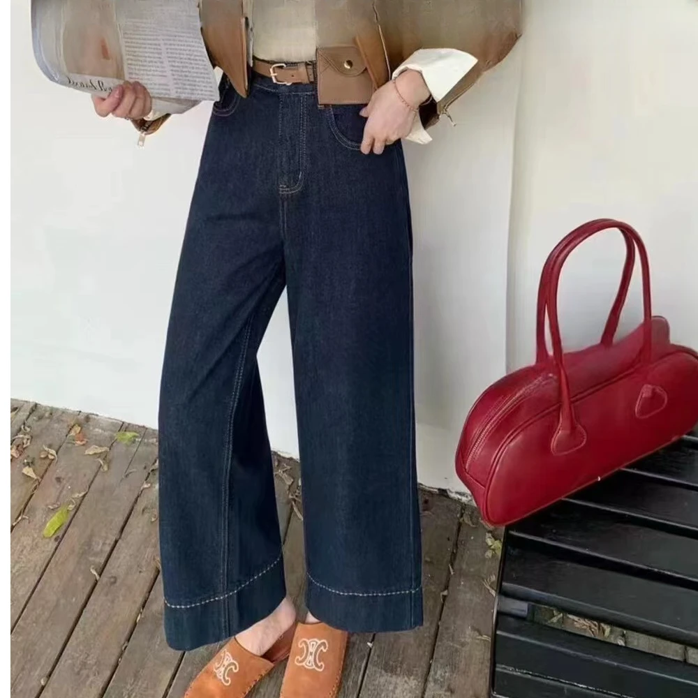 冬季新款深蓝色加绒直筒牛仔裤女梨形身材显瘦宽松阔腿裤