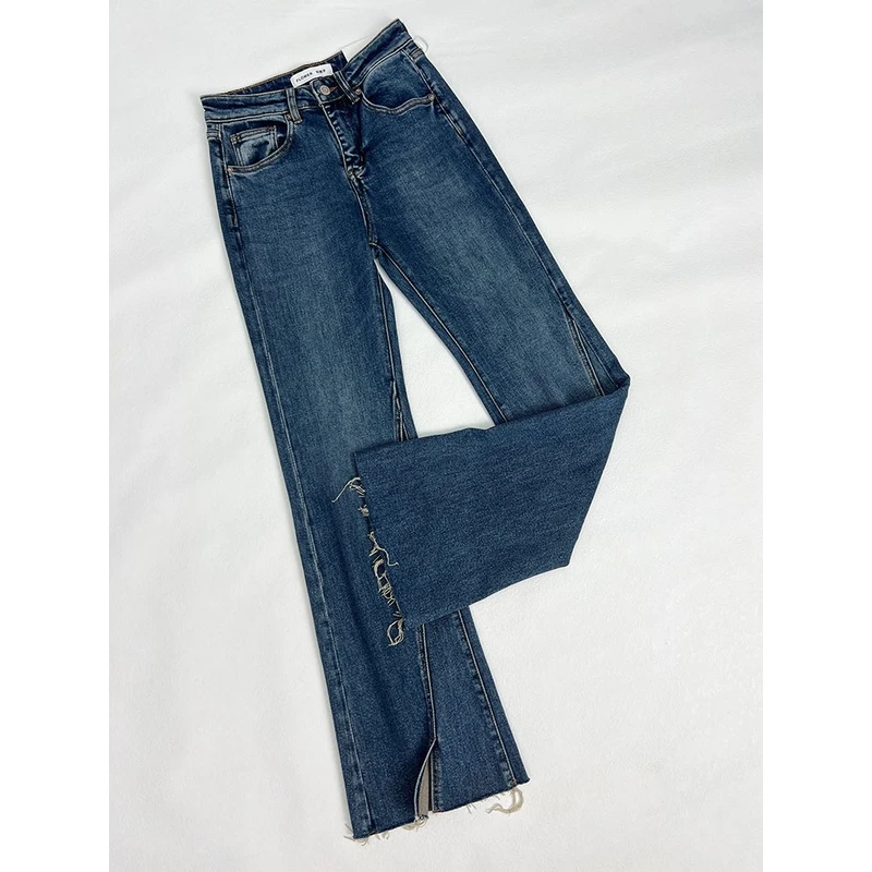 花匣子牛仔裤500212秋冬新款flower蓝色弹力修身开叉毛边喇叭裤女