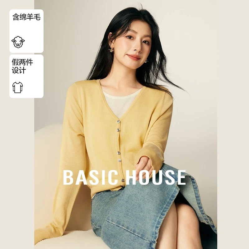 Basic House/百家好V领显瘦遮肉女装保暖针织衫-B0624S5G882