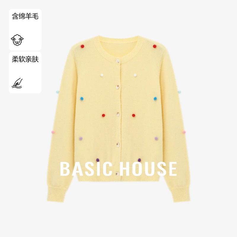 Basic House/百家好秋冬时尚百搭提花开衫圆领毛衣B06245I0852