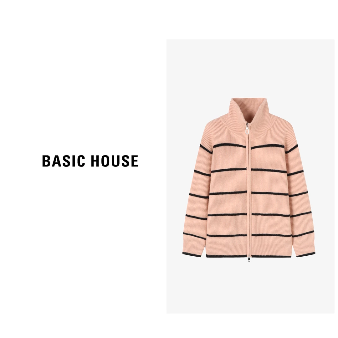 Basic House/百家好秋冬时尚百搭条纹开衫长袖毛衣-B0624E55902