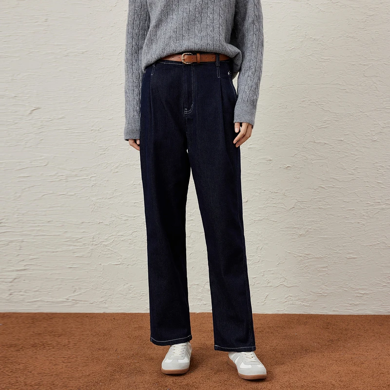 Basic House/百家好轻暖感加绒复古丹宁色潮流牛仔裤-B0623H5A582