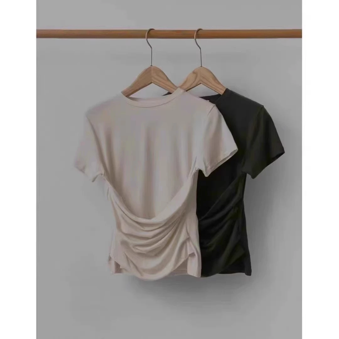 现货 mohhe 韩国东大门代购2024夏季新款圆领设计感前褶皱短袖t恤