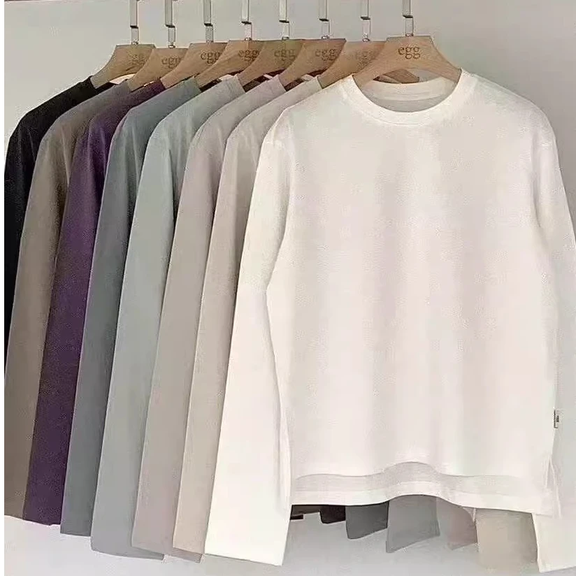 现货！egg韩国东大门代购2024秋新八色圆领简约刺绣侧开叉长袖T恤