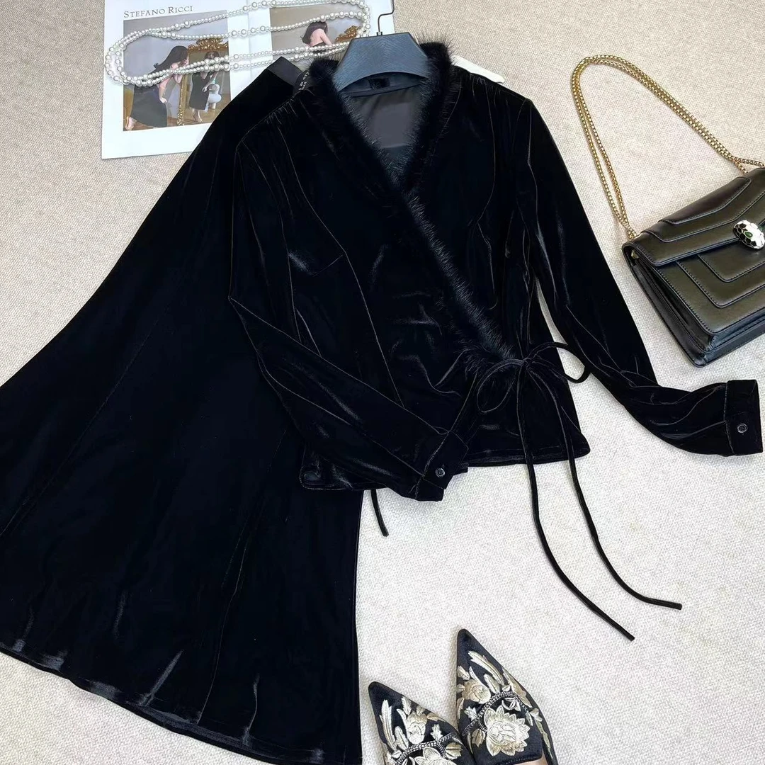 冬季时尚显瘦长袖水貂毛打底交叉小衫D877#收腰系带黑色