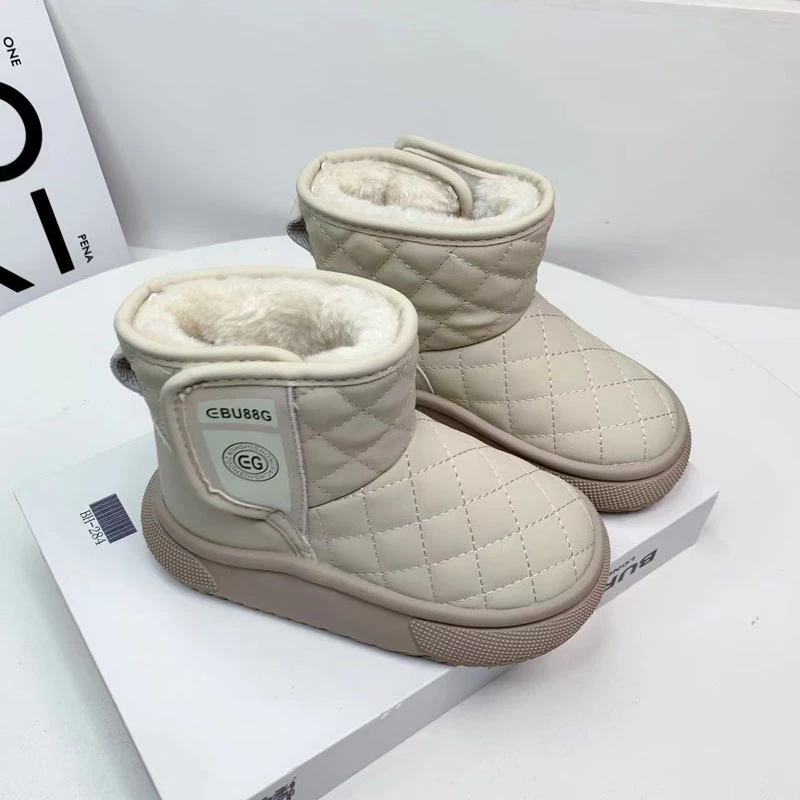 儿童菱格雪地靴冬季新款中大男童宝宝加绒加厚小女孩防水棉鞋保暖