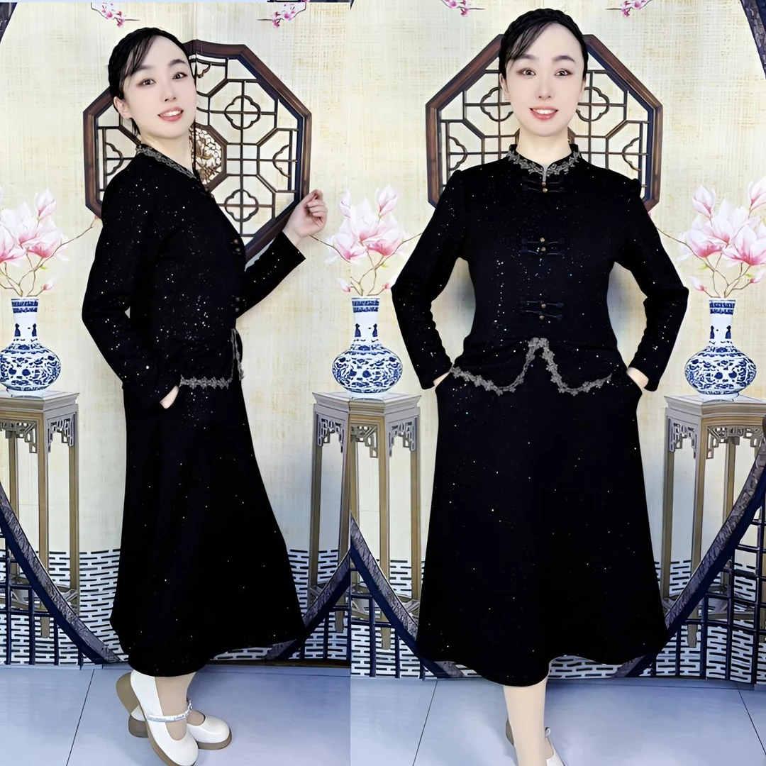 新中式秋冬季加绒加厚中长款V领连衣裙显瘦时尚洋气遮肚气质女装