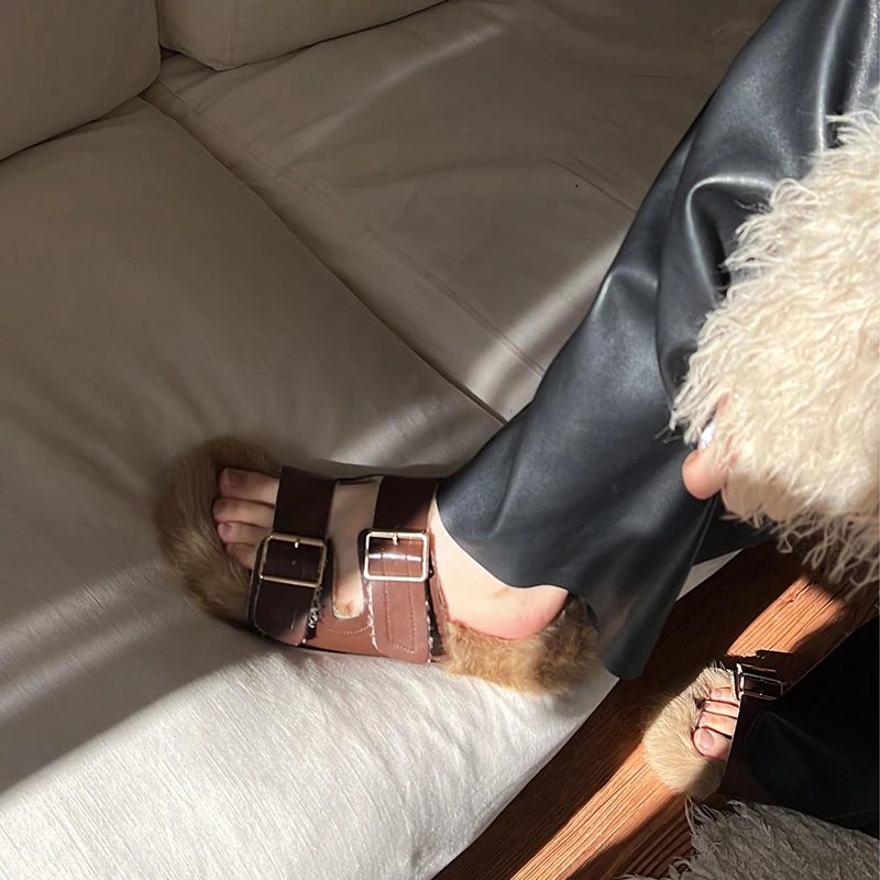 复古棕色厚底毛毛拖鞋女鞋子外穿2023年新款勃肯鞋加绒雪地靴平底