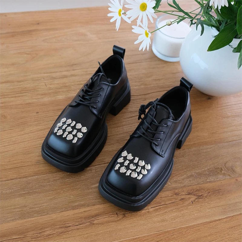 【清清现现】Mooreyu2024增高女英伦风百搭厚底真皮乐福鞋黑色女鞋