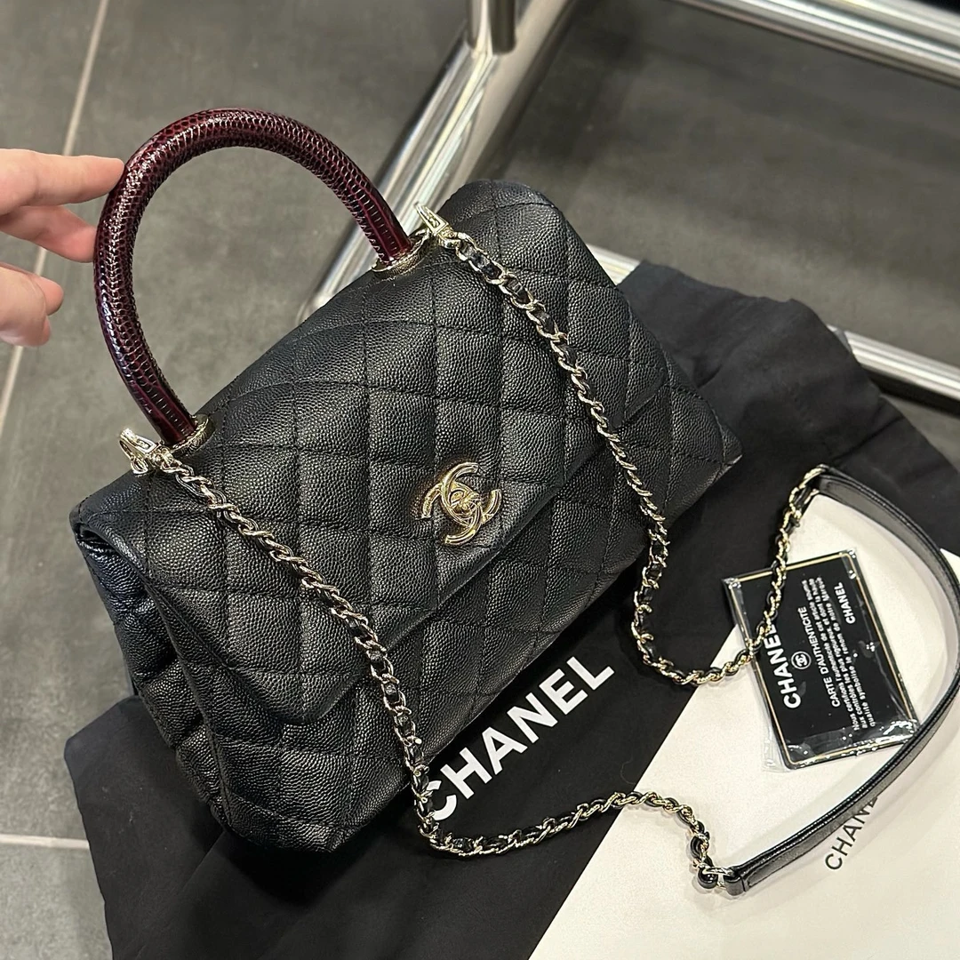 95新 Chanel/香奈儿 Chanel cocohandle 黑金荔枝皮小号斜挎包