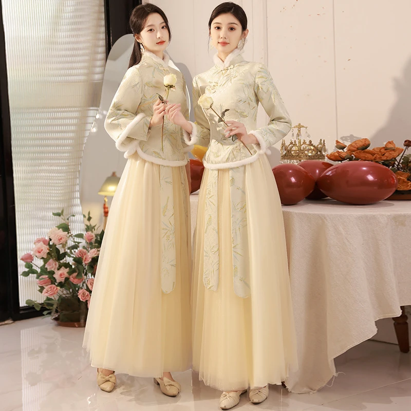 女青春流行长袖女士秀禾服新中式风旗袍户外裙黄色国风女款2025