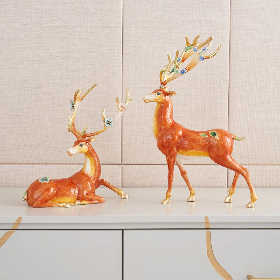 罗比罗丹珐琅彩福鹿摆件中式鹿摆件创意玄关电视柜工艺品开业礼品