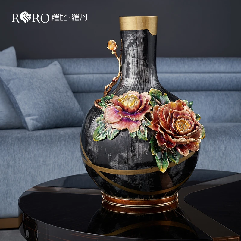 罗比罗丹《富贵圆满》大花瓶珐琅彩工艺高档中式玄关角几花瓶摆件