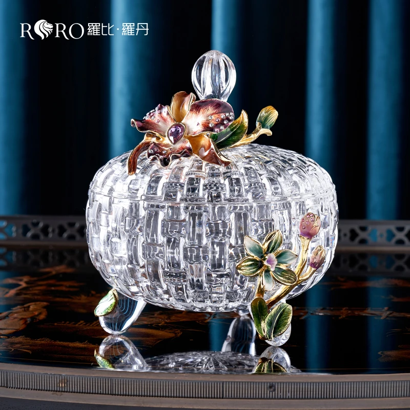 罗比罗丹蝶恋花糖果罐创意客厅茶几玻璃水果盘装饰摆件珐琅彩工艺