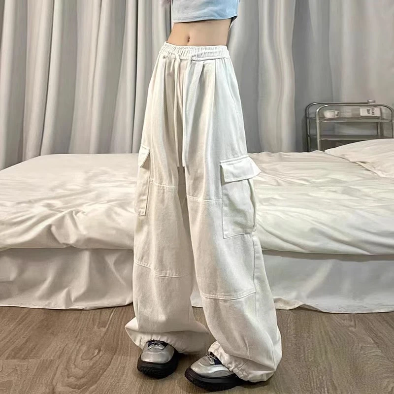 DDNX美式hiphop嘻哈舞蹈白色工装牛仔裤男女宽松阔腿直筒拖地裤子