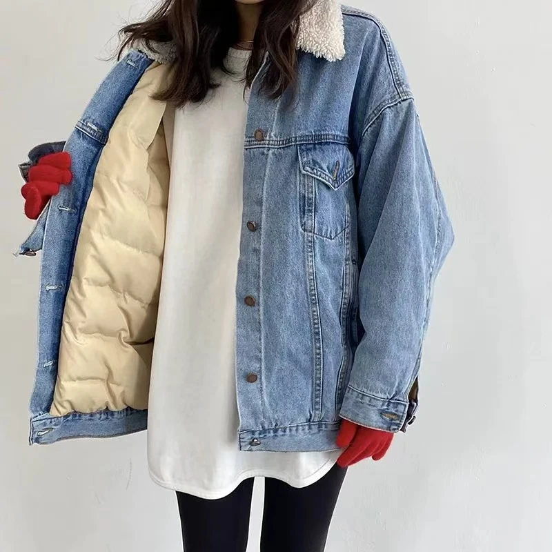 百搭时尚白鸭绒牛仔拼接羽绒服外套女2024年冬季宽松开衫加厚保暖