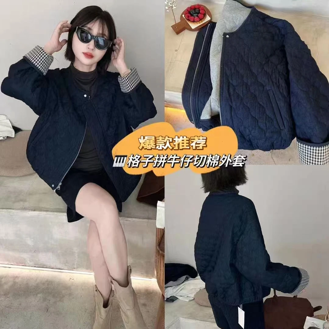新款格子拼接轻薄牛仔棉衣棉服女秋冬小个子宽松夹棉面包服短外套