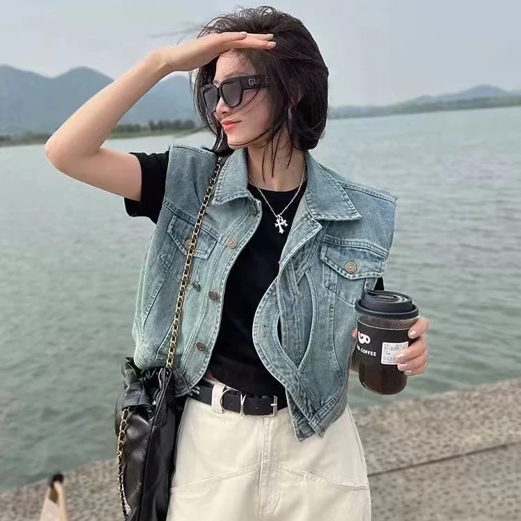 【火蓝专属】复古百搭牛仔马夹外套女2024春季设计感无袖短款上衣潮