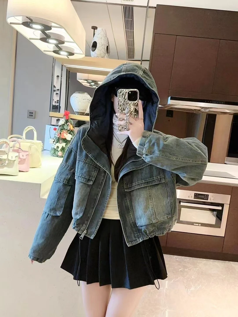 【火蓝家】牛仔拼接连帽羽绒服洋气两穿冬季新款白鸭绒外套面包服潮