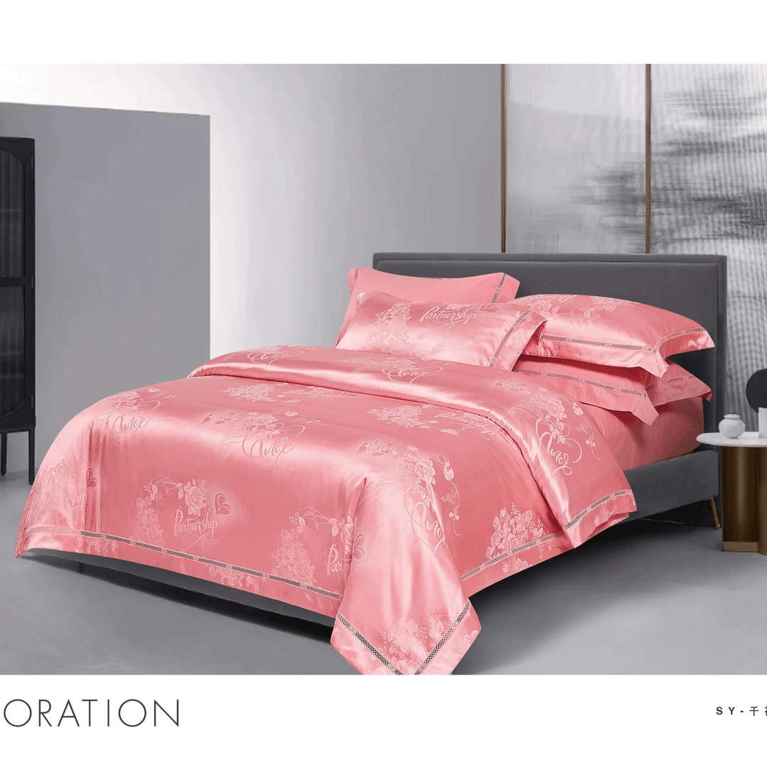 【M169】全棉轻奢提花宽边四件套-千禧百合-粉玉