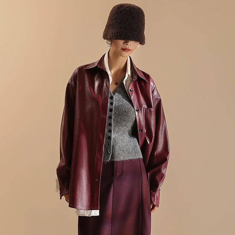 返潮复古春秋季女长袖皮衬衣PU衬衫休闲柔软时尚气质叠穿外搭4083