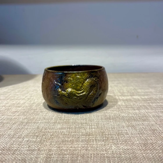 龙年专属主人杯 柴烧自然落灰 浮雕堆塑龙