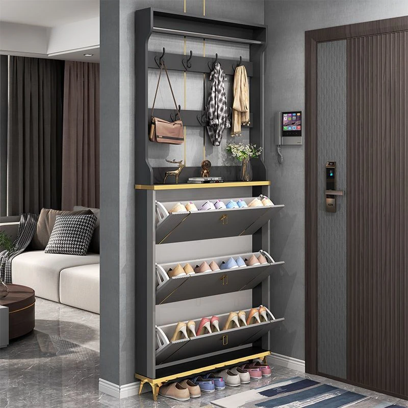 鞋柜玄关柜多功能门口家用进门鞋柜轻奢一体多层靠墙收纳柜挂衣架
